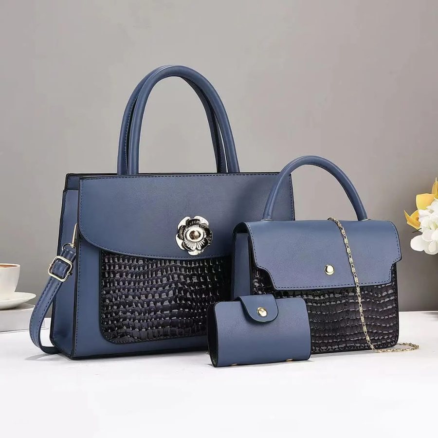 Navy bag set with croc pocket and pouches