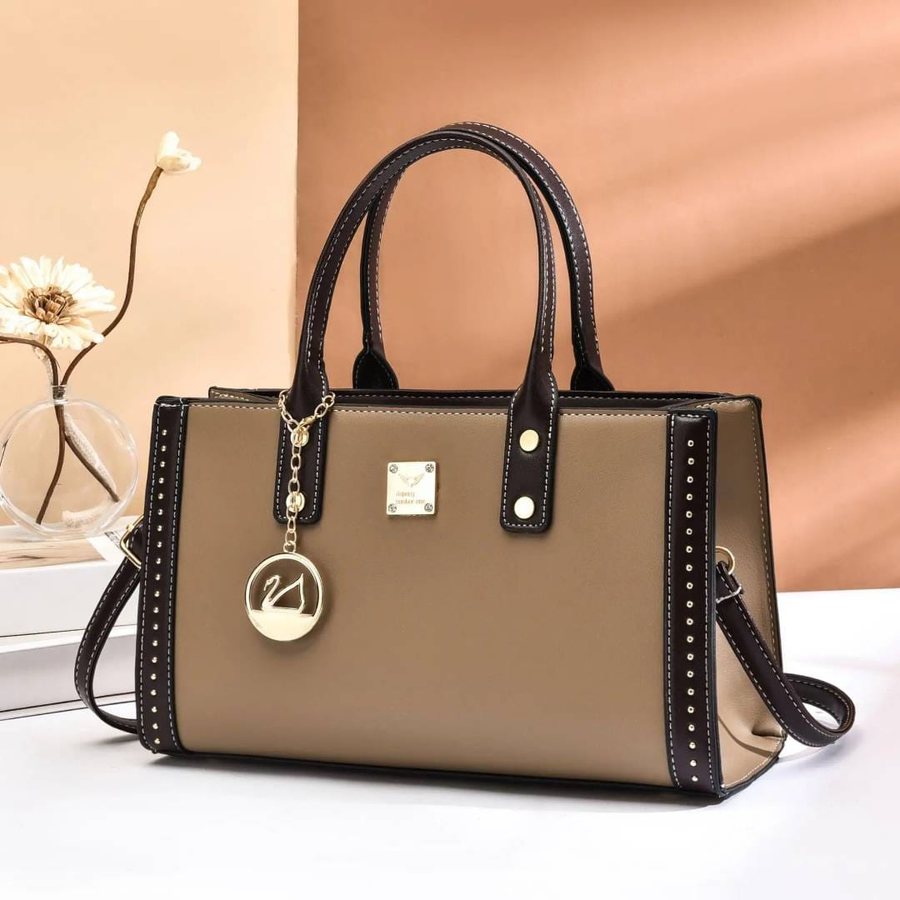 Taupe studded satchel with charm