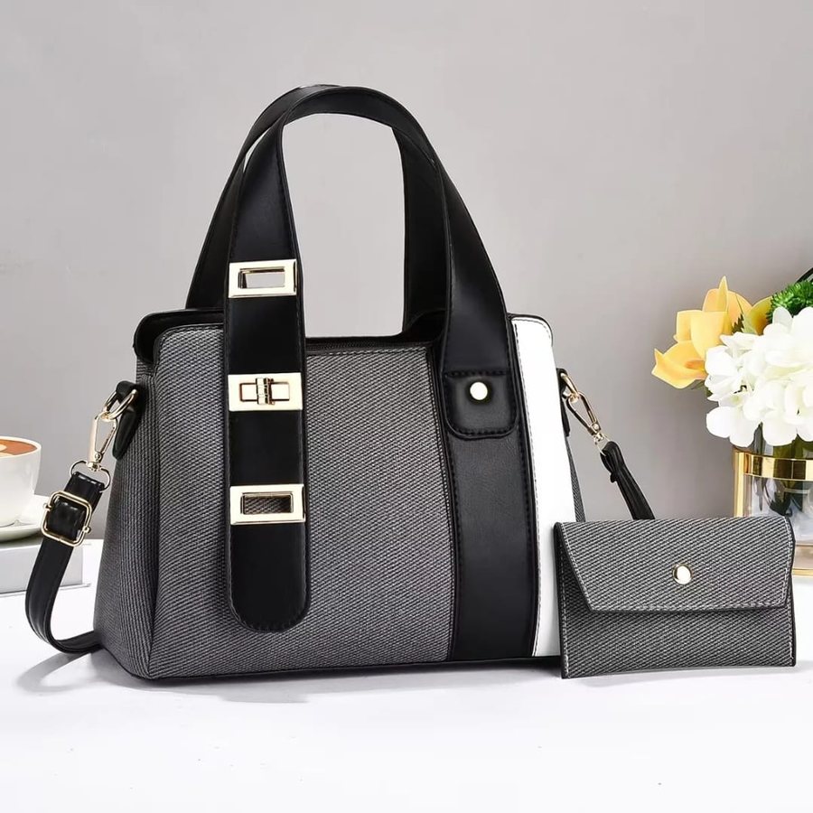 Slate grey two-tone satchel set with pouch