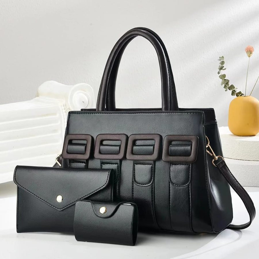 Black buckle-front tote set with pouches