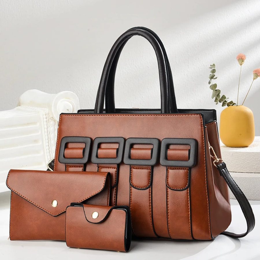 Tan buckle-front tote set with pouches